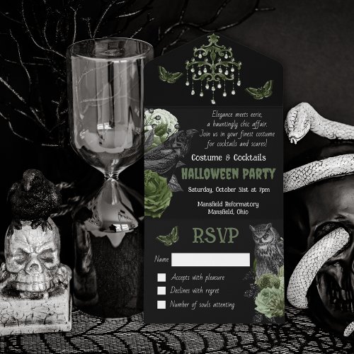 Gothic Elegant and Eerie Raven Owl Roses Halloween All In One Invitation