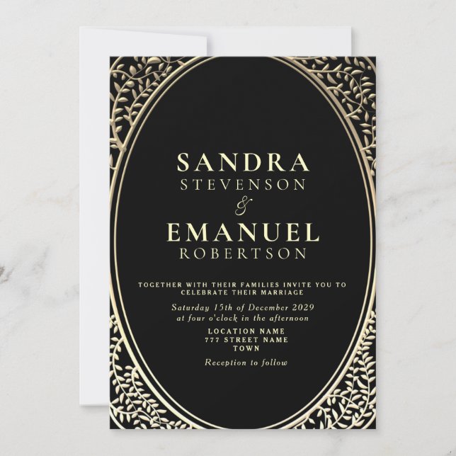 Gothic Elegant Black and Gold Wedding Invitation (Front)