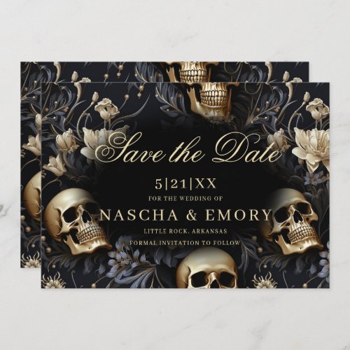 Gothic Elegant Floral Skulls Gold Wedding Save The Date