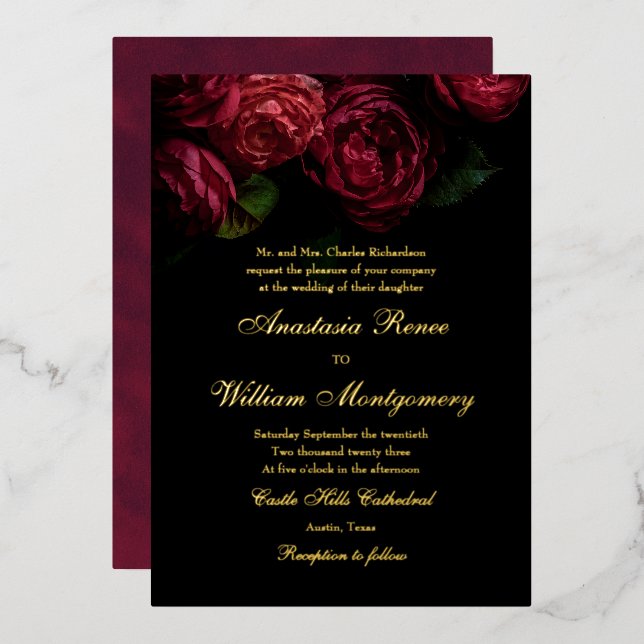 Gothic Elegant Moody Floral Black & Gold Wedding Foil Invitation (Front/Back)