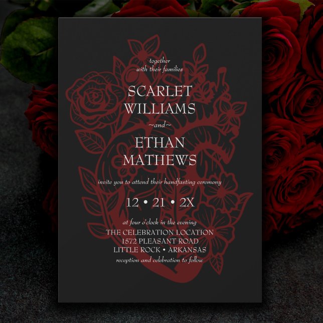 Gothic Elegant Red Black Floral Heart Handfasting  Invitation (Creator Uploaded)