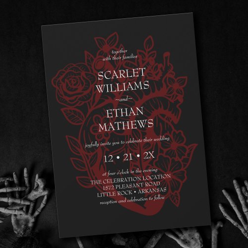Gothic Elegant Red  Black Floral Heart Wedding In Invitation