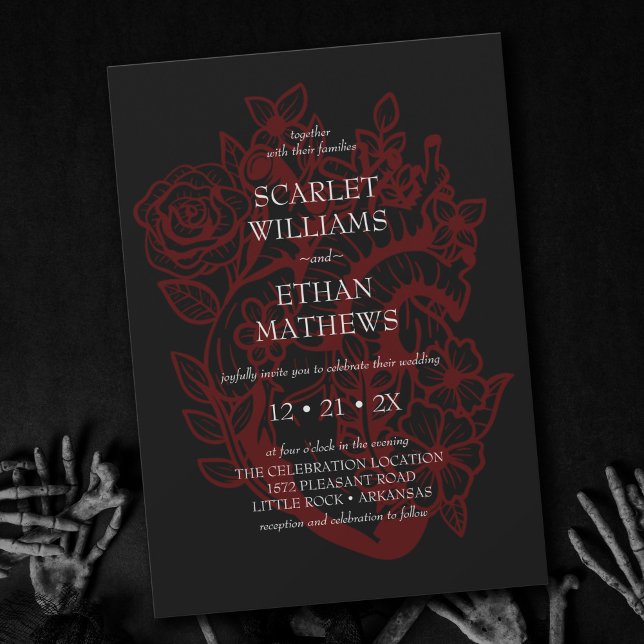 Gothic Elegant Red & Black Floral Heart Wedding In Invitation (Creator Uploaded)