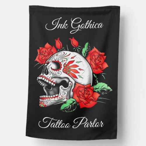 Gothic Elegant Skull And Red Roses House Flag