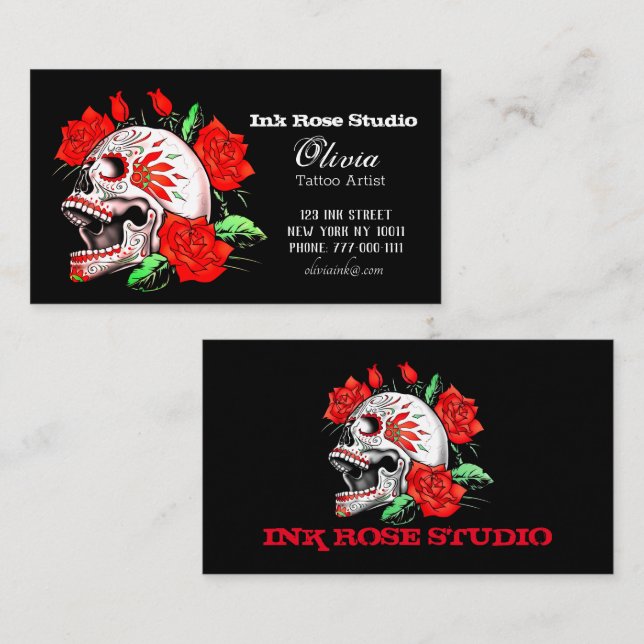 Gothic Elegant Skull And Red Roses Studio Business Card (Front/Back)