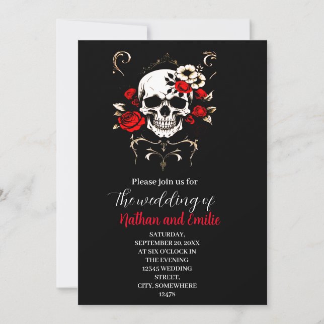 Gothic Elegant Skull black and red wedding invitat Invitation (Front)