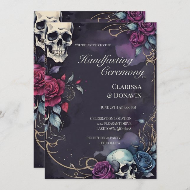Gothic Elegant Skull & Rose Handfasting Invitation (Front/Back)