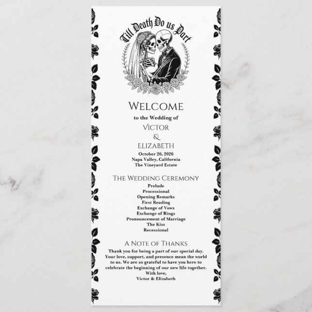 Gothic Elegant Till Death Skeleton Wedding  Program (Front)