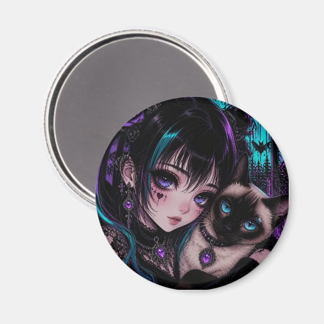 Gothic Emo Anime Girl & Cat Magnet (Front/Back)