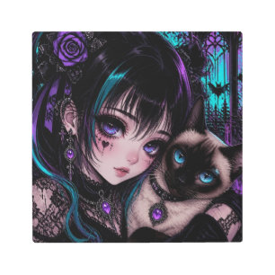 Gothic Emo Anime Girl & Cat Metal Print