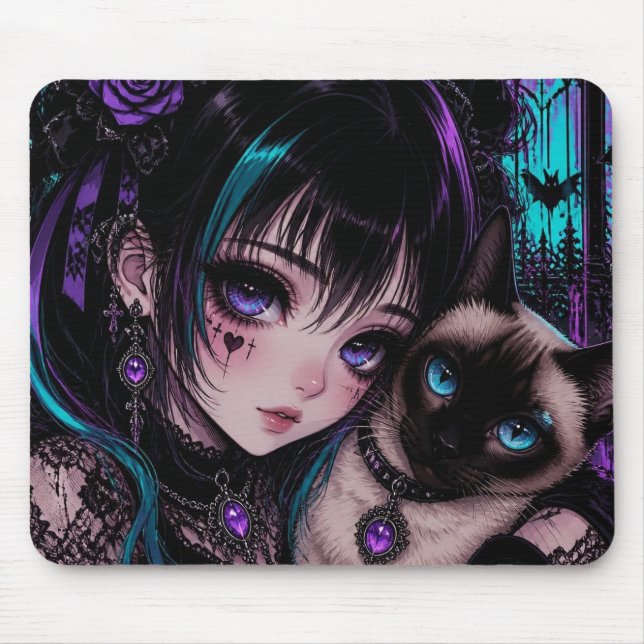 Gothic Emo | Anime Girl & Cat Mouse Pad (Front)