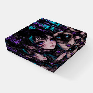 Gothic Emo Anime Girl & Cat Paperweight