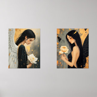 Gothic Fairies Holding Roses Ethereal Wall Art Sets