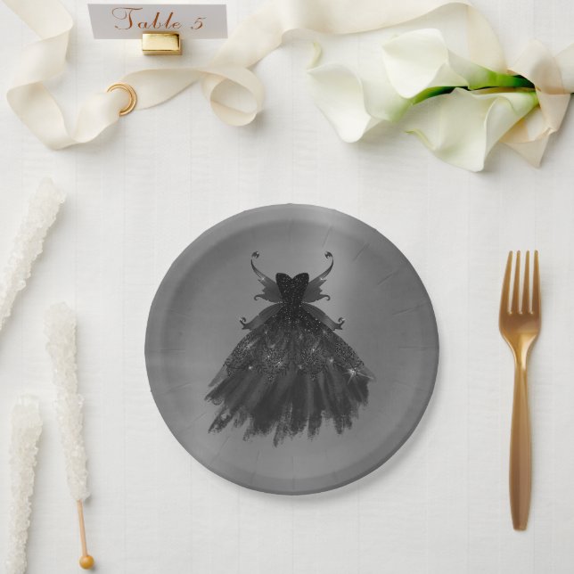 Gothic Fairy Black Gown | Vampy Glam Goth Sheen Paper Plates (Wedding)