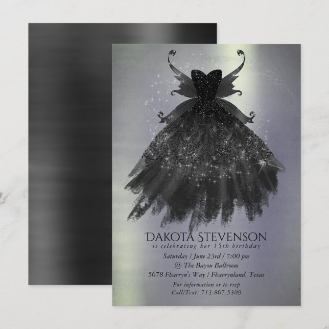 Gothic Fairy Black Gown | Vampy Goth Glam Sheen Invitation (Front/Back)