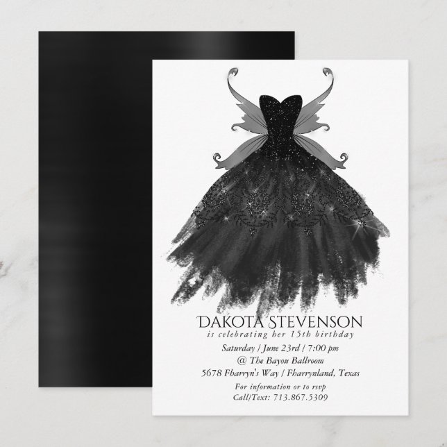 Gothic Fairy Black Gown | Vampy Goth Glam Sheen Invitation (Front/Back)