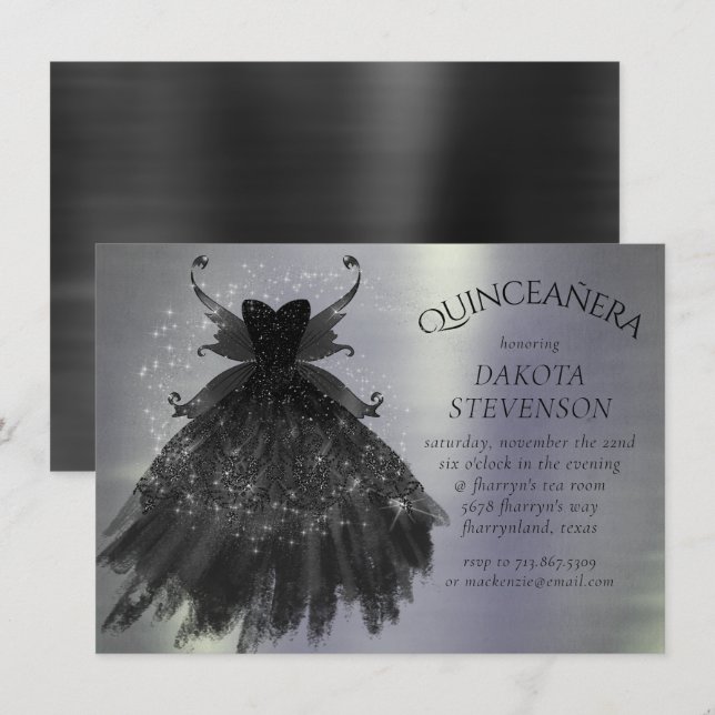Gothic Fairy Black Gown | Vampy Goth Glam Sheen Invitation (Front/Back)