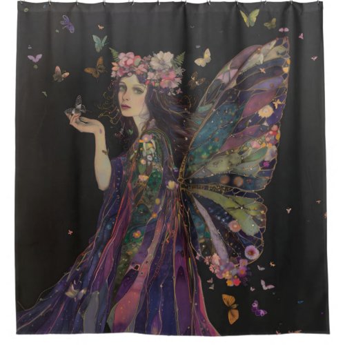 Gothic Fairy Butterfly Woman Purple on Black Art  Shower Curtain