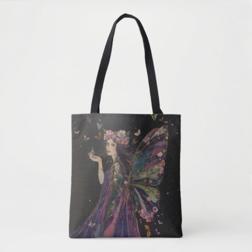 Gothic Fairy Butterfly Woman Purple on Black Art  Tote Bag