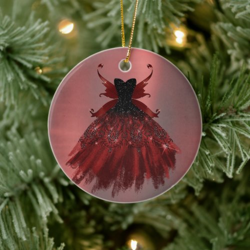 Gothic Fairy Crimson Gown | Deep Radiant Red Sheen Ceramic Ornament