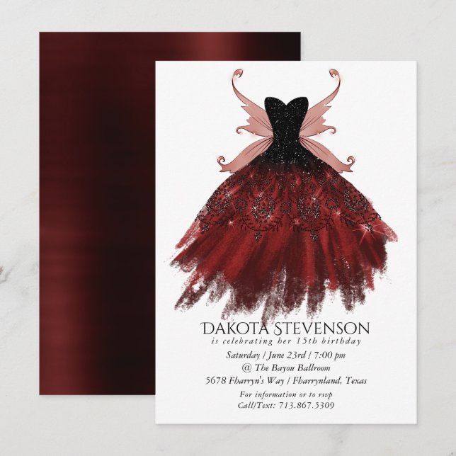 Gothic Fairy Crimson Gown | Deep Radiant Red Sheen Invitation (Front/Back)