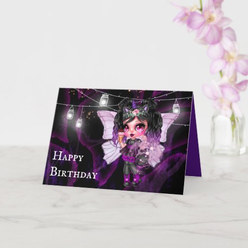 Gothic fairy girl string lights birthday card