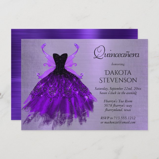 Gothic Fairy Gown | Brilliant Royal Purple Sheen Invitation (Front/Back)
