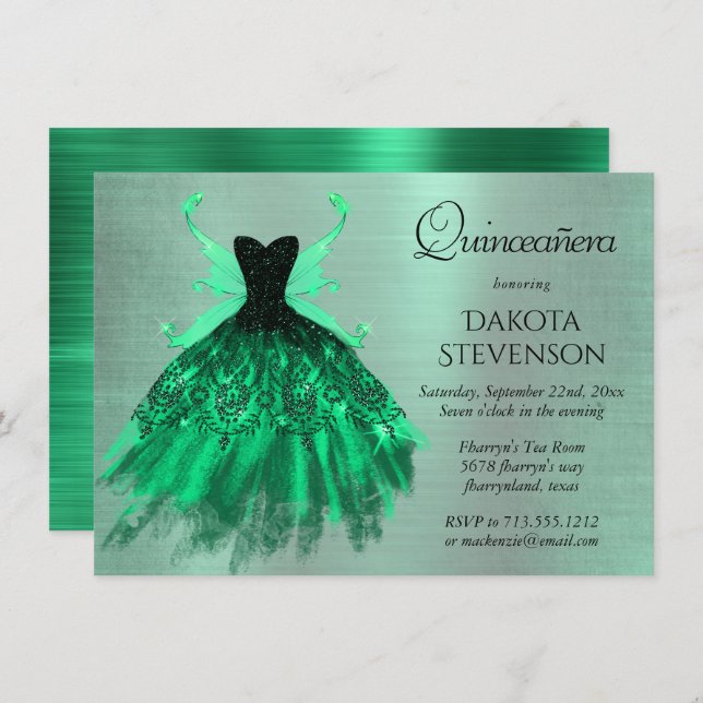 Gothic Fairy Gown | Fantasy Emerald Green Sheen Invitation (Front/Back)