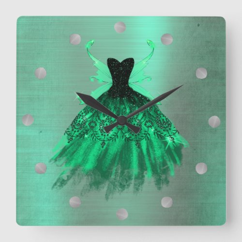 Gothic Fairy Gown  Fantasy Emerald Green Sheen Square Wall Clock