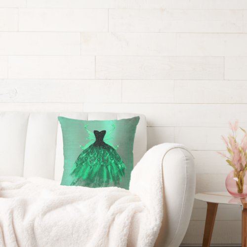 Gothic Fairy Gown  Fantasy Emerald Green Sheen Throw Pillow