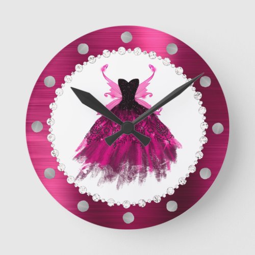 Gothic Fairy Gown  Glam Rock Magenta Hot Pink Round Clock