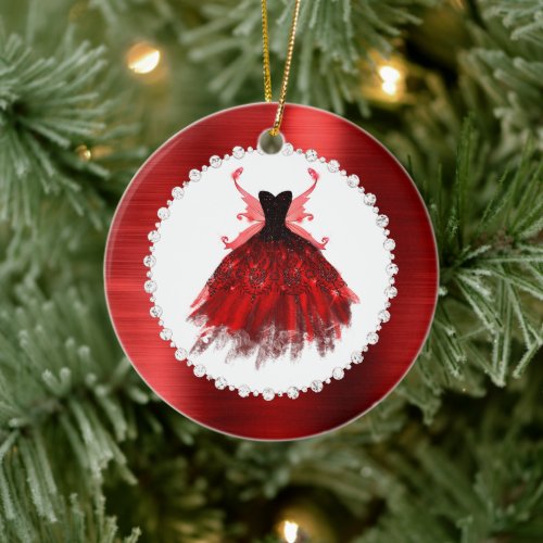 Gothic Fairy Gown  Radiant Crimson Red and Black Ceramic Ornament