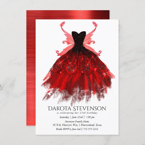 Gothic Fairy Gown  Radiant Crimson Red and Black Invitation