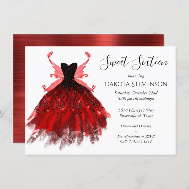Gothic Fairy Gown | Radiant Crimson Red and Black Invitation (Front/Back)