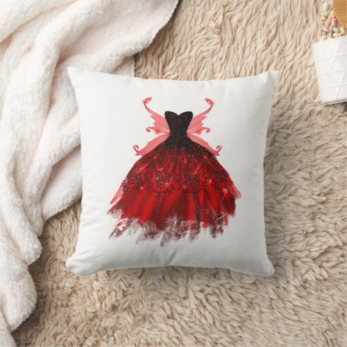 Gothic Fairy Gown  Radiant Crimson Red and Black Throw Pillow