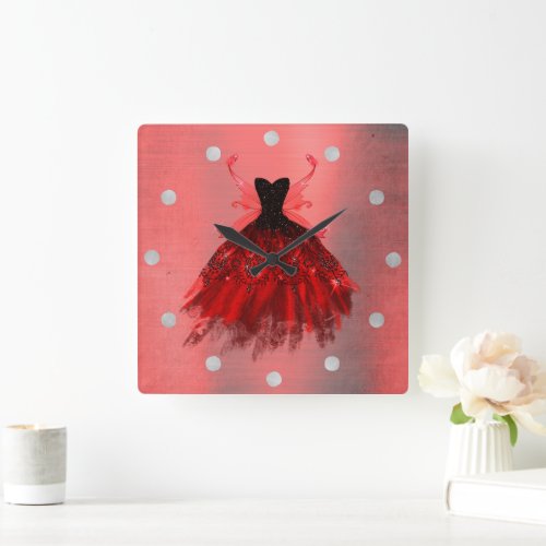 Gothic Fairy Gown  Radiant Crimson Red Sheen Square Wall Clock