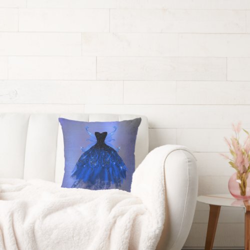 Gothic Fairy Gown  Royal Cobalt Blue Bold Sheen Throw Pillow