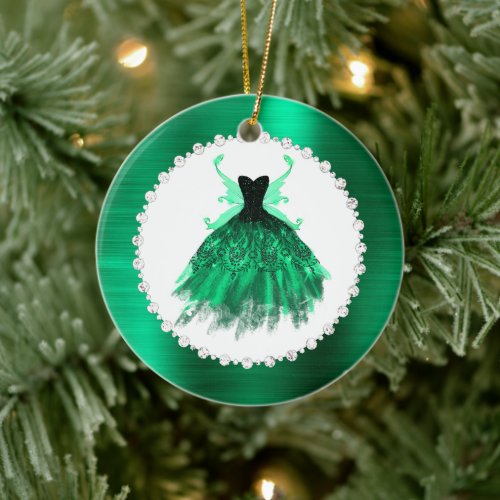 Gothic Fairy Gown  Vivid Emerald Green Fantasy Ceramic Ornament