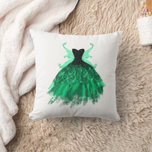 Gothic Fairy Gown  Vivid Emerald Green Fantasy Throw Pillow