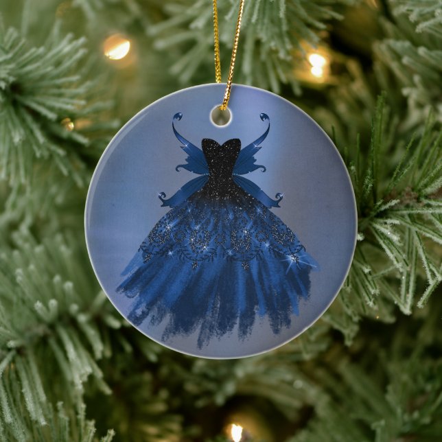 Gothic Fairy Navy Gown | Deep Cobalt Blue Sheen Ceramic Ornament (Tree)