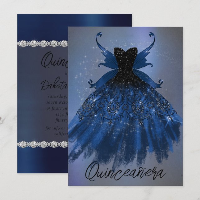 Gothic Fairy Navy Gown | Deep Cobalt Blue Sheen Invitation (Front/Back)