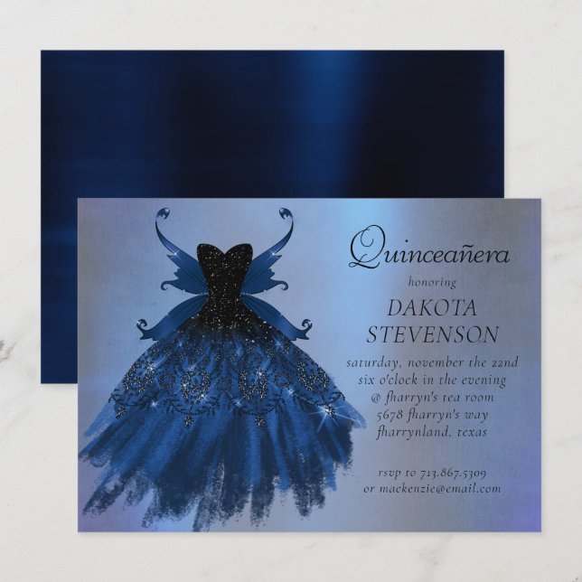 Gothic Fairy Navy Gown | Deep Cobalt Blue Sheen Invitation (Front/Back)