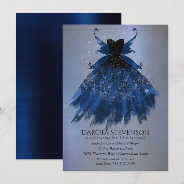 Gothic Fairy Navy Gown | Deep Cobalt Blue Sheen Invitation (Front/Back)