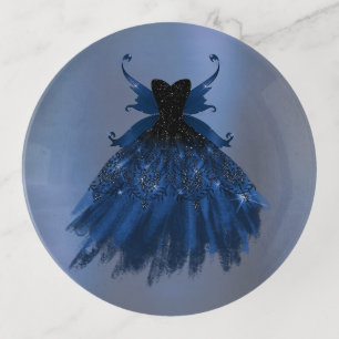 Gothic Fairy Navy Gown Deep Cobalt Blue Sheen Trinket Tray