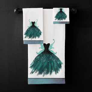 Gothic Fairy Teal Gown Deep Midnight Green Sheen Bath Towel Set