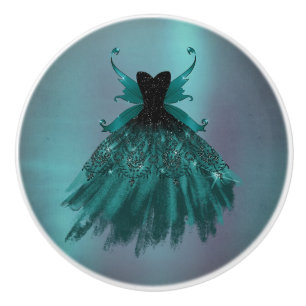 Gothic Fairy Teal Gown   Deep Midnight Green Sheen Ceramic Knob