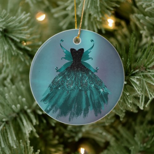 Gothic Fairy Teal Gown | Deep Midnight Green Sheen Ceramic Ornament