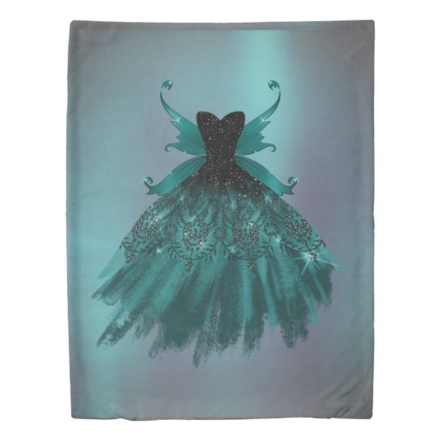 Gothic Fairy Teal Gown | Deep Midnight Green Sheen Duvet Cover (Front)