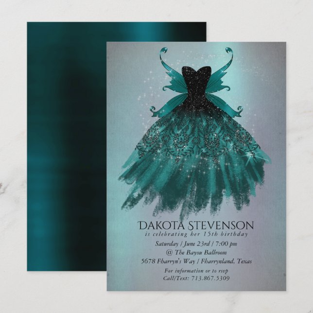 Gothic Fairy Teal Gown | Deep Midnight Green Sheen Invitation (Front/Back)