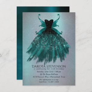 Gothic Fairy Teal Gown Deep Midnight Green Sheen Invitation